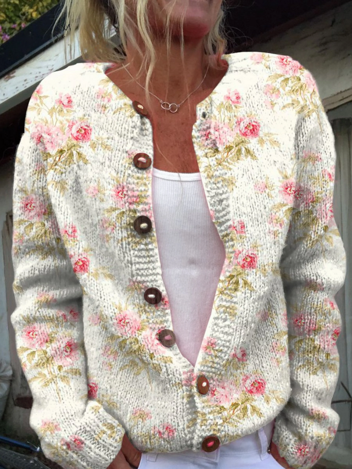 Lieke | Cardigan met roze bloemen en groene blaadjes