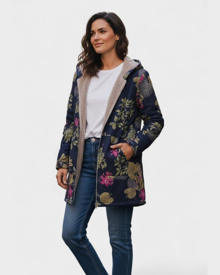 Annie | Marineblauwe Mantel met Bloemenpatroon