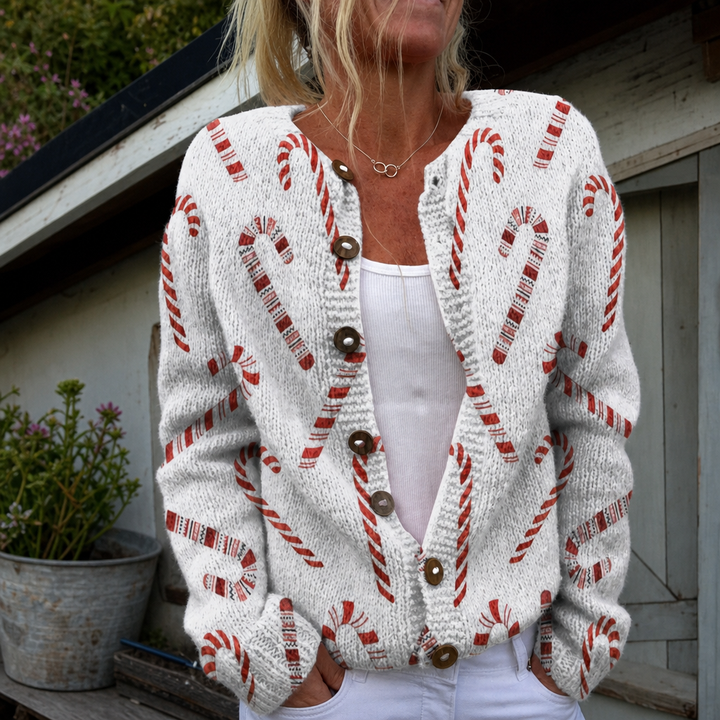 Zoë | Feestelijke cardigan met zuurstokpatroon